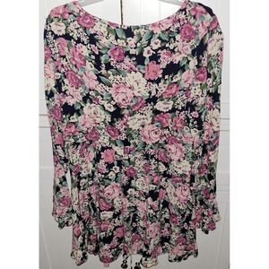 Bonjour Floral Print Long Sleeve Dress Navy Pink White Medium vintage‎ y2k